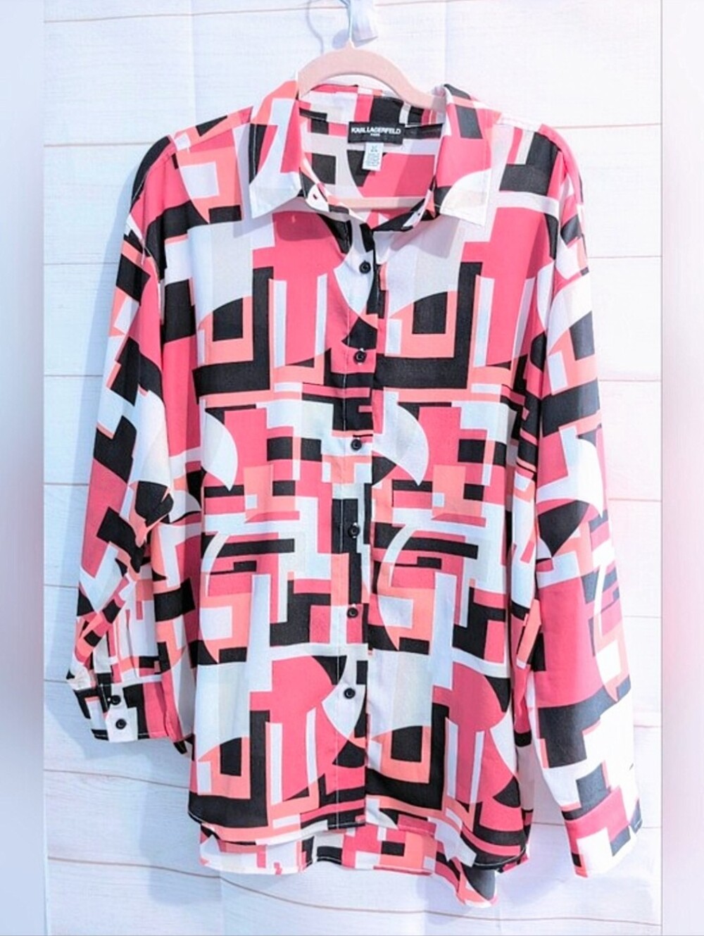 Karl Lagerfeld Pink White and Black Geometric Button-Down Shirt Size Large